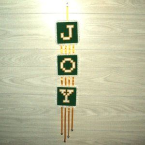Christmas Holiday Needlepoint JOY Wall Hanging Green, Gold, White Lace Edged NEW